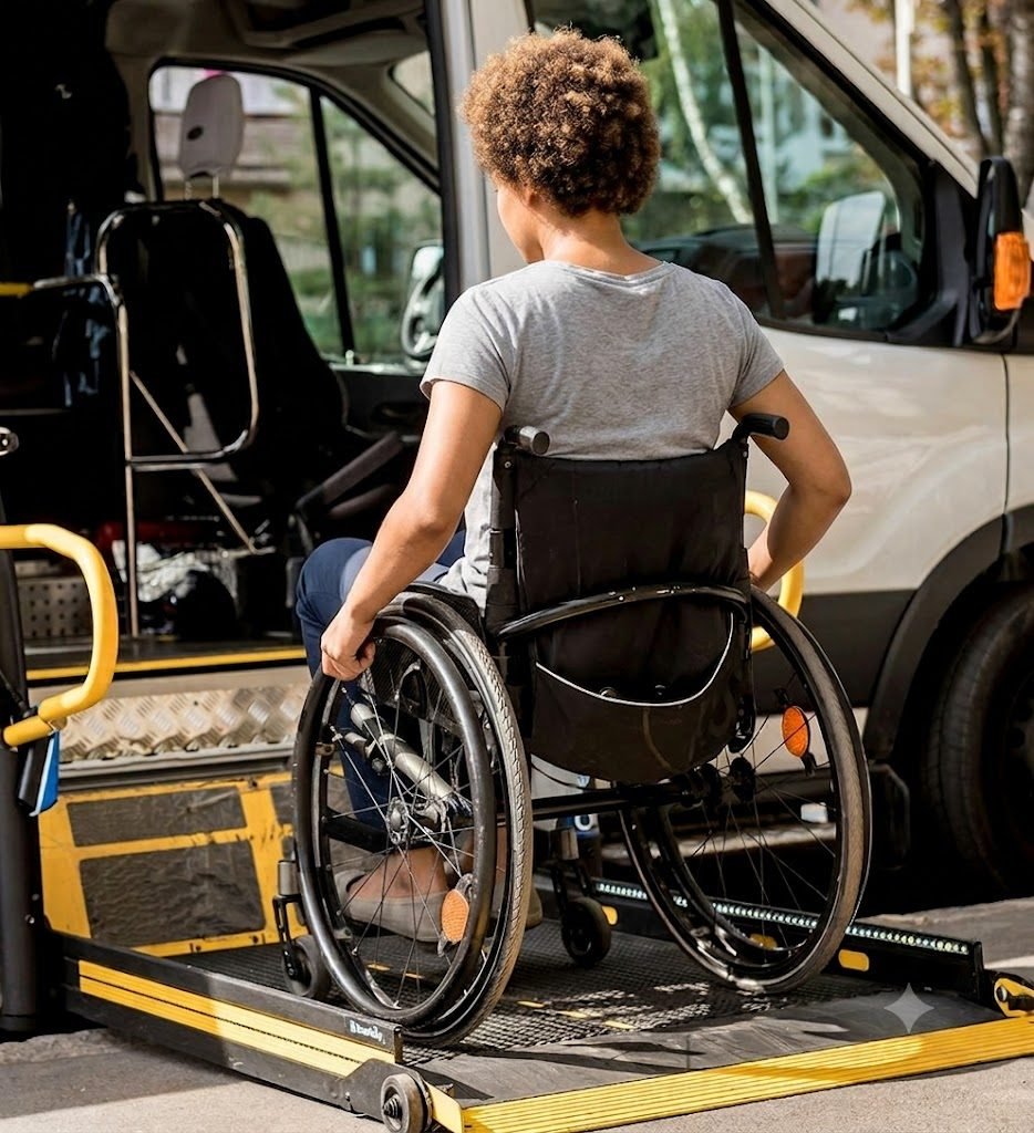 Passenger boarding a wheelchair-accessible vehicle via the rear lift